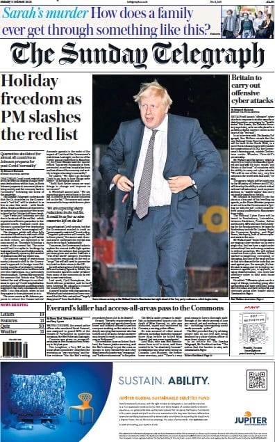 The Sunday Telegraph Newspaper Front Page (UK) for 3 October 2021
