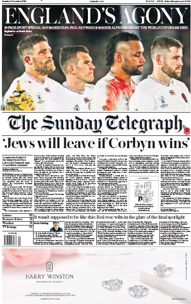 The Sunday Telegraph Newspaper Front Page (UK) for 3 November 2019