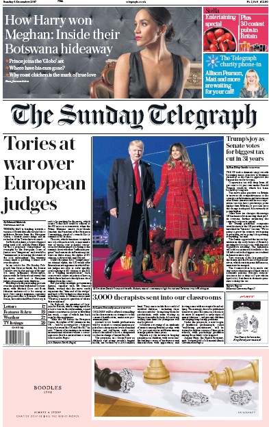 The Sunday Telegraph Newspaper Front Page (UK) for 3 December 2017