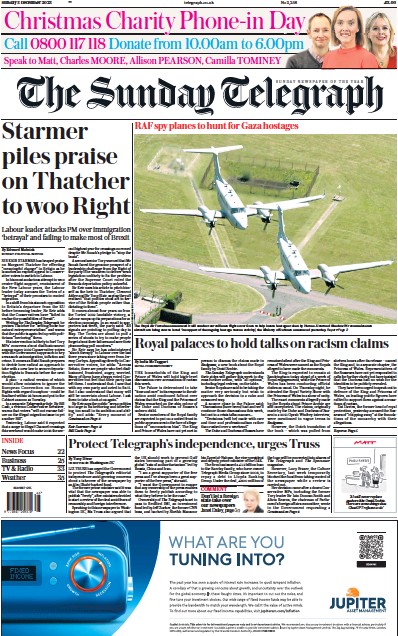 The Sunday Telegraph Newspaper Front Page (UK) for 3 December 2023