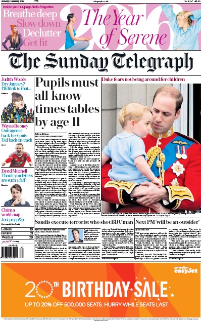 The Sunday Telegraph Newspaper Front Page (UK) for 3 January 2016
