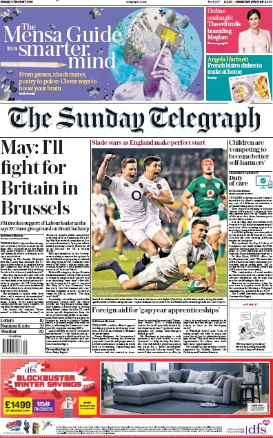 The Sunday Telegraph Newspaper Front Page (UK) for 3 February 2019
