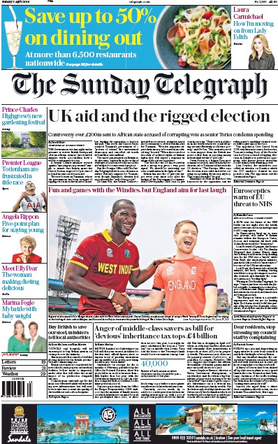 The Sunday Telegraph Newspaper Front Page (UK) for 3 April 2016
