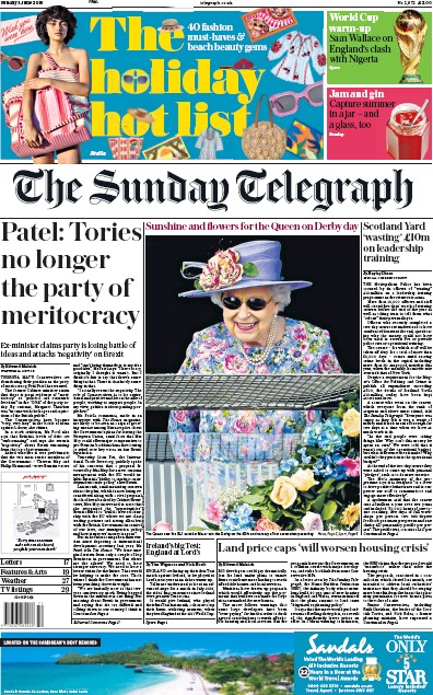 The Sunday Telegraph Newspaper Front Page (UK) for 3 June 2018