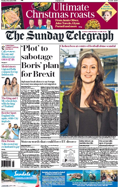 The Sunday Telegraph Newspaper Front Page (UK) for 4 December 2016