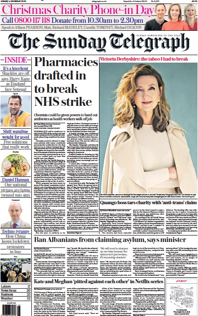 The Sunday Telegraph Newspaper Front Page (UK) for 4 December 2022