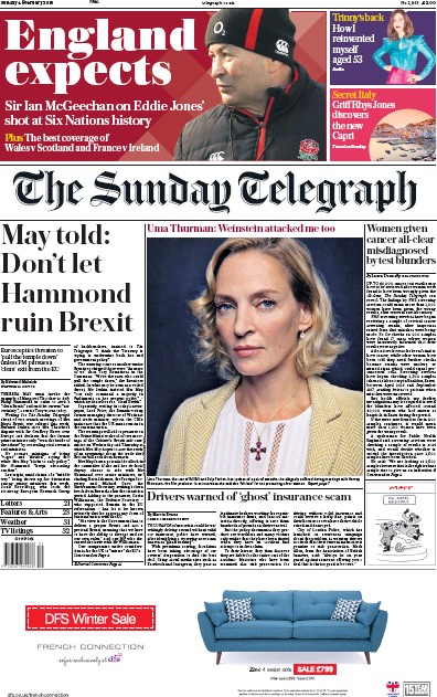 The Sunday Telegraph Newspaper Front Page (UK) for 4 February 2018