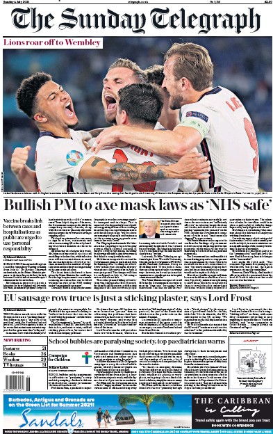 The Sunday Telegraph Newspaper Front Page (UK) for 4 July 2021
