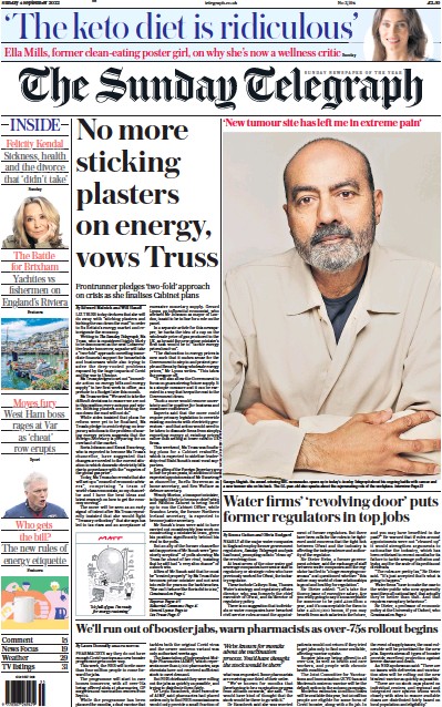 The Sunday Telegraph Newspaper Front Page (UK) for 4 September 2022