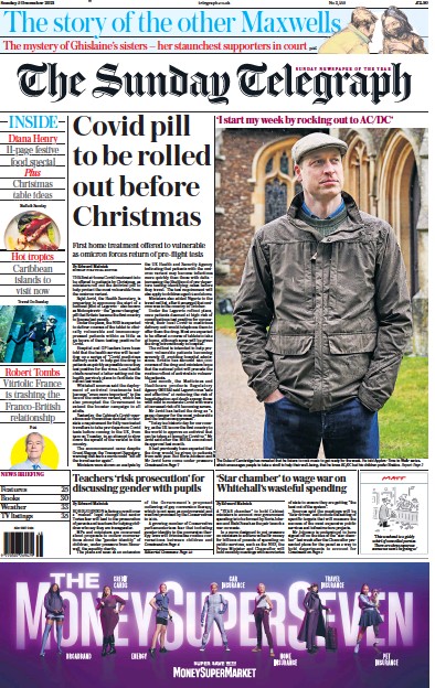 The Sunday Telegraph Newspaper Front Page (UK) for 5 December 2021
