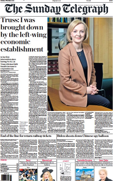 The Sunday Telegraph Newspaper Front Page (UK) for 5 February 2023