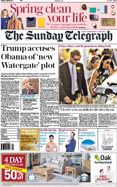 The Sunday Telegraph Newspaper Front Page (UK) for 5 March 2017