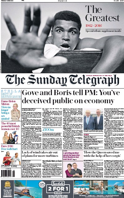 The Sunday Telegraph Newspaper Front Page (UK) for 5 June 2016