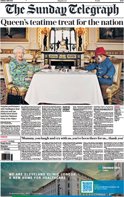 The Sunday Telegraph Newspaper Front Page (UK) for 5 June 2022