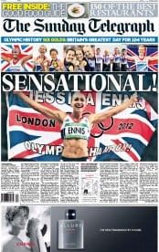 The Sunday Telegraph (UK) Newspaper Front Page for 5 August 2012