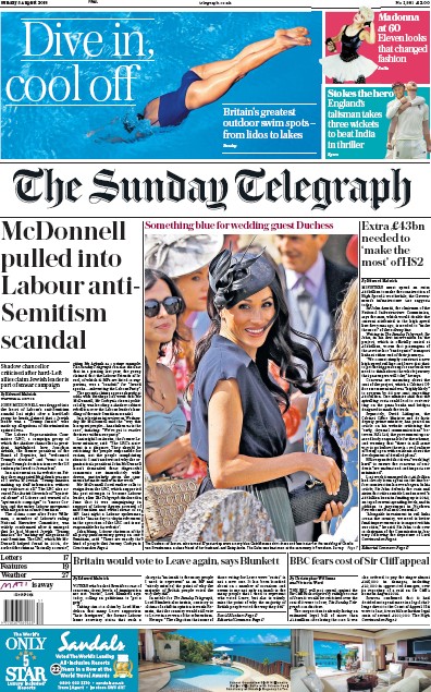 The Sunday Telegraph Newspaper Front Page (UK) for 5 August 2018