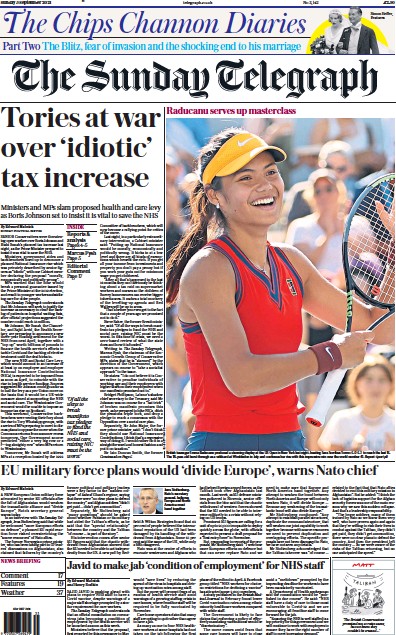 The Sunday Telegraph Newspaper Front Page (UK) for 5 September 2021