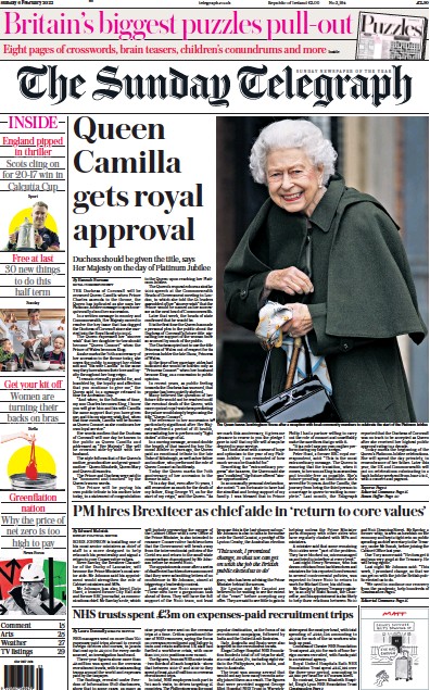 The Sunday Telegraph Newspaper Front Page (UK) for 6 February 2022
