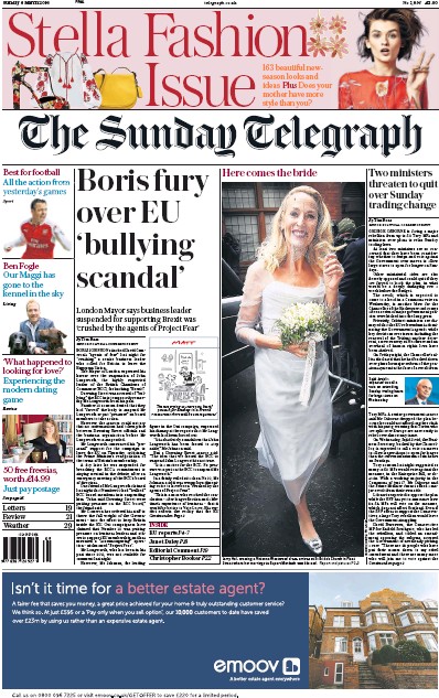The Sunday Telegraph Newspaper Front Page (UK) for 6 March 2016