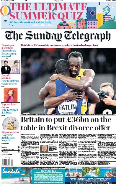 The Sunday Telegraph Newspaper Front Page (UK) for 6 August 2017