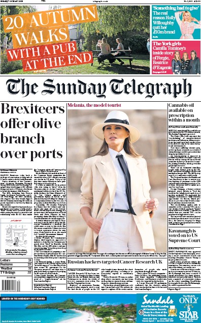 The Sunday Telegraph Newspaper Front Page (UK) for 7 October 2018