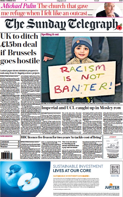The Sunday Telegraph Newspaper Front Page (UK) for 7 November 2021