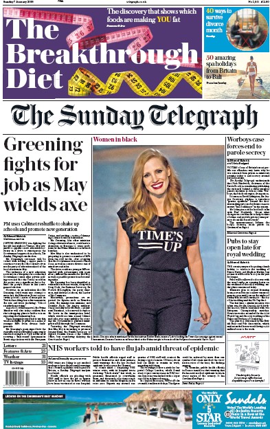 The Sunday Telegraph Newspaper Front Page (UK) for 7 January 2018