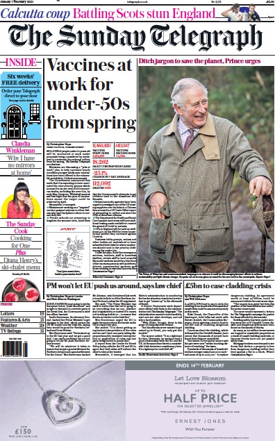 The Sunday Telegraph Newspaper Front Page (UK) for 7 February 2021