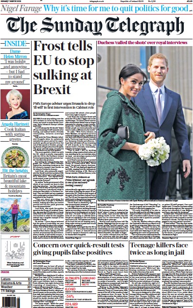 The Sunday Telegraph Newspaper Front Page (UK) for 7 March 2021