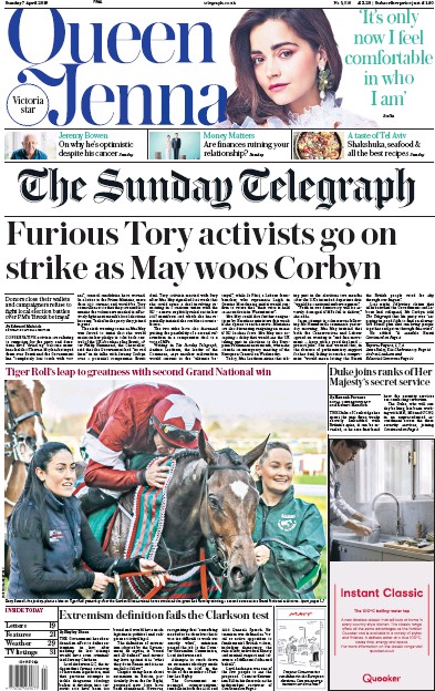The Sunday Telegraph Newspaper Front Page (UK) for 7 April 2019