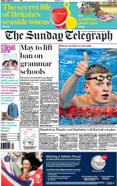 The Sunday Telegraph Newspaper Front Page (UK) for 7 August 2016