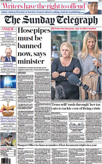 The Sunday Telegraph Newspaper Front Page (UK) for 7 August 2022