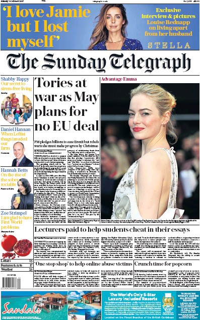 The Sunday Telegraph Newspaper Front Page (UK) for 8 October 2017