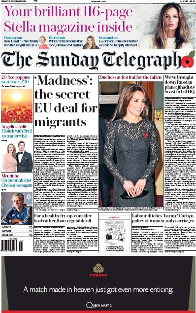 The Sunday Telegraph Newspaper Front Page (UK) for 8 November 2015