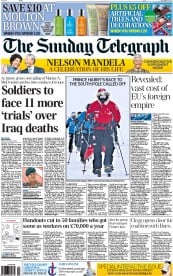 The Sunday Telegraph Newspaper Front Page (UK) for 8 December 2013