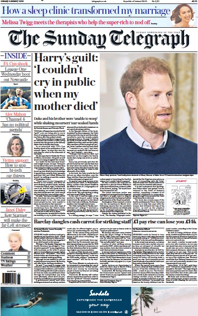 The Sunday Telegraph Newspaper Front Page (UK) for 8 January 2023