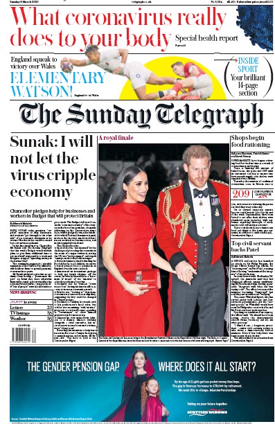 The Sunday Telegraph Newspaper Front Page (UK) for 8 March 2020