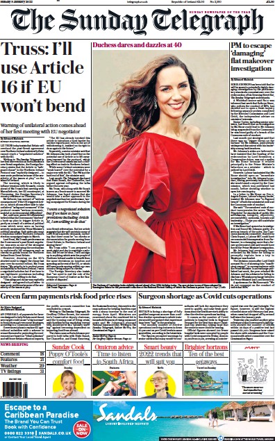 The Sunday Telegraph Newspaper Front Page (UK) for 9 January 2022
