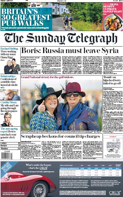 The Sunday Telegraph Newspaper Front Page (UK) for 9 April 2017
