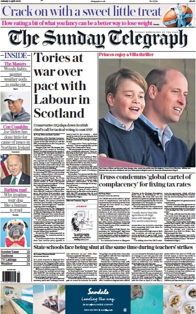 The Sunday Telegraph Newspaper Front Page (UK) for 9 April 2023