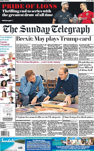 The Sunday Telegraph Newspaper Front Page (UK) for 9 July 2017