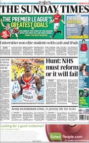 The Sunday Times (UK) Newspaper Front Page for 11 August 2013