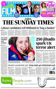 The Sunday Times (UK) Newspaper Front Page for 16 February 2014