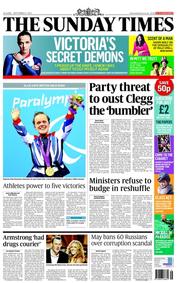 The Sunday Times (UK) Newspaper Front Page for 2 September 2012