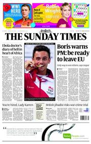 The Sunday Times (UK) Newspaper Front Page for 3 August 2014