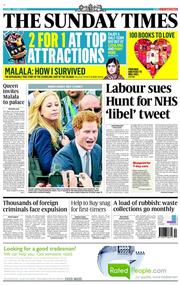 The Sunday Times (UK) Newspaper Front Page for 6 October 2013