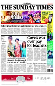 The Sunday Times (UK) Newspaper Front Page for 9 December 2012