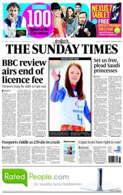 The Sunday Times (UK) Newspaper Front Page for 9 March 2014
