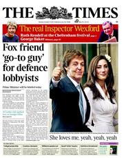 The Times (UK) Newspaper Front Page for 10 October 2011