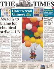 The Times (UK) Newspaper Front Page for 13 September 2013